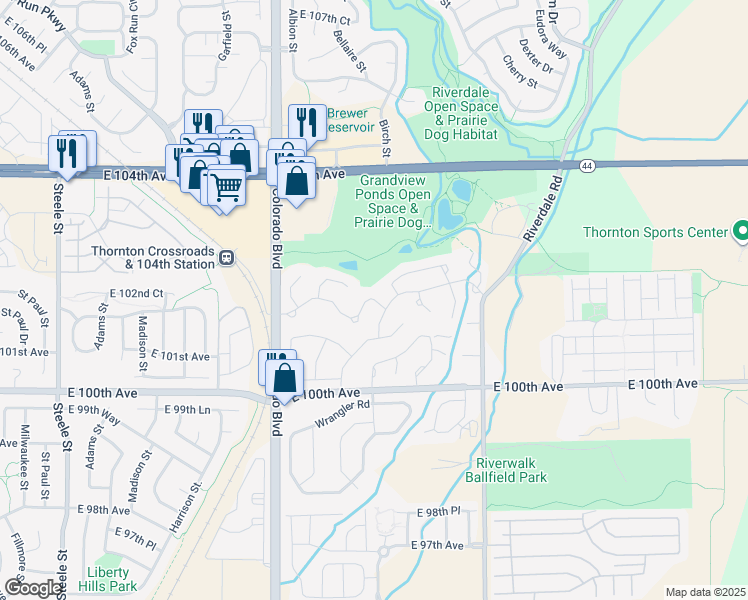 map of restaurants, bars, coffee shops, grocery stores, and more near Arrowhead Pass Road in Denver