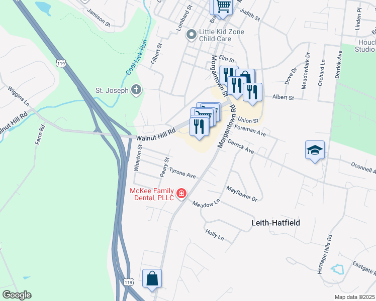 map of restaurants, bars, coffee shops, grocery stores, and more near 129 Franklin Avenue in Uniontown