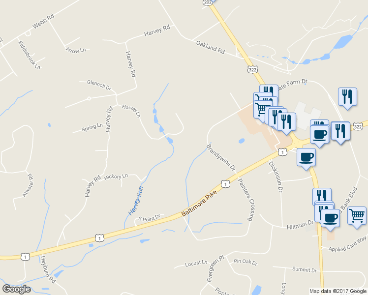 map of restaurants, bars, coffee shops, grocery stores, and more near 115 Harvey Lane in Chadds Ford