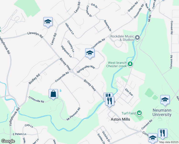 map of restaurants, bars, coffee shops, grocery stores, and more near 44 Steeplechase Circle in Aston
