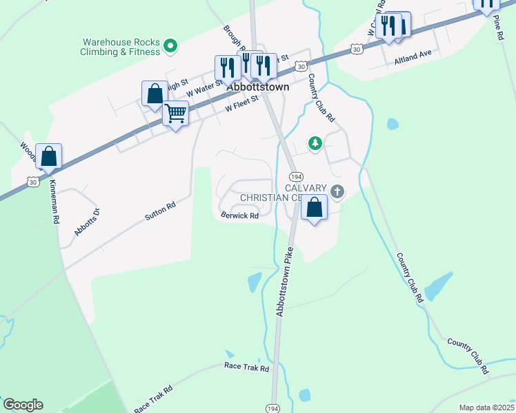 map of restaurants, bars, coffee shops, grocery stores, and more near 409 Nittany Lane in Abbottstown