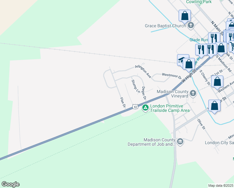 map of restaurants, bars, coffee shops, grocery stores, and more near 79 Flax Drive in London