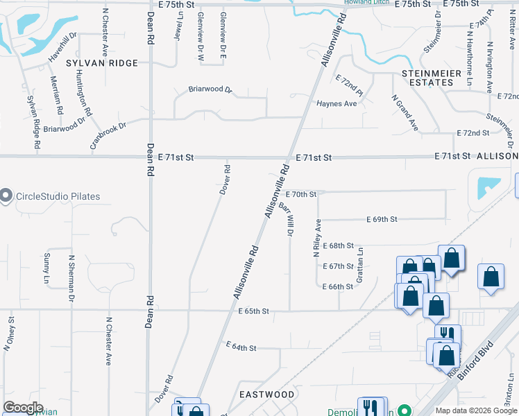 map of restaurants, bars, coffee shops, grocery stores, and more near 6860 Allisonville Road in Indianapolis