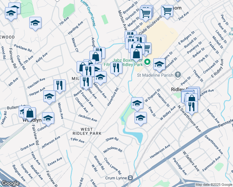 map of restaurants, bars, coffee shops, grocery stores, and more near 408 Haverford Road in Ridley Park