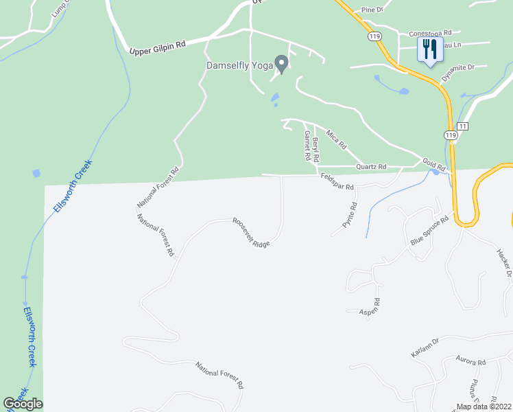 map of restaurants, bars, coffee shops, grocery stores, and more near Roosevelt Ridge in Black Hawk