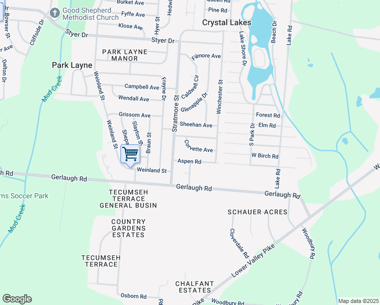 map of restaurants, bars, coffee shops, grocery stores, and more near 912 Aspen Road in New Carlisle