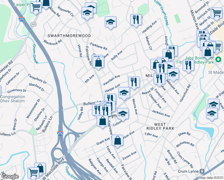 map of restaurants, bars, coffee shops, grocery stores, and more near 1230 Harper Avenue in Woodlyn