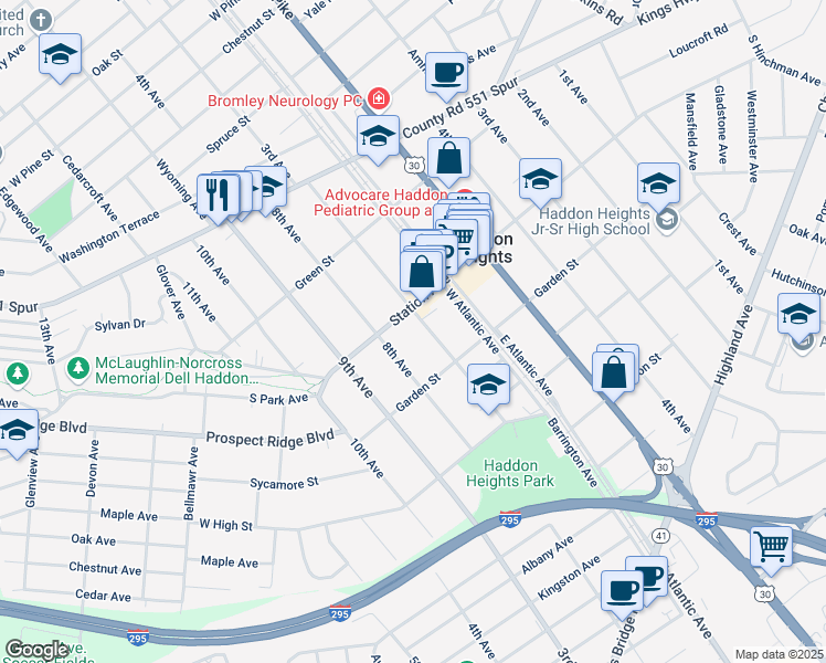 map of restaurants, bars, coffee shops, grocery stores, and more near 209 8th Avenue in Haddon Heights