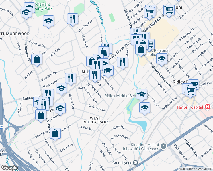 map of restaurants, bars, coffee shops, grocery stores, and more near 618 Belmont Avenue in Woodlyn