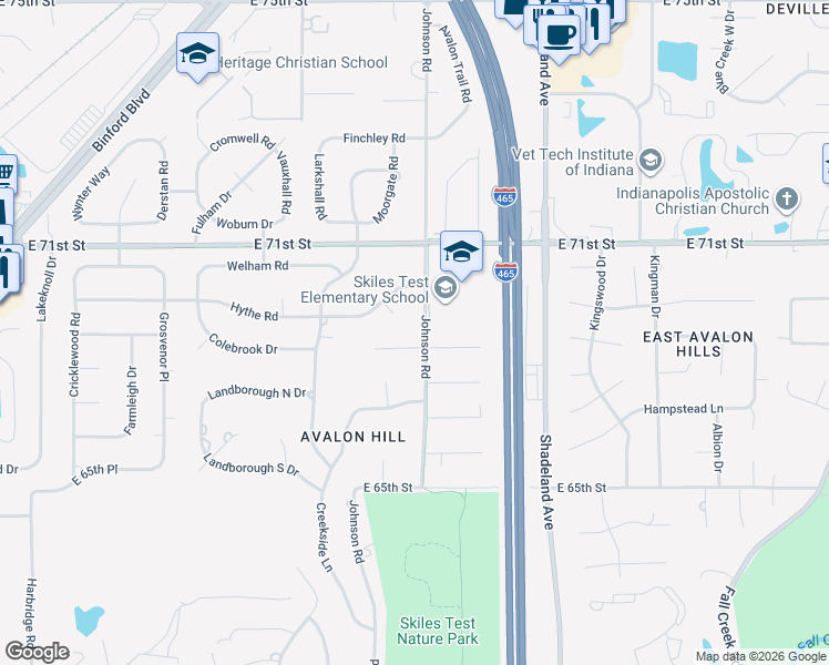 map of restaurants, bars, coffee shops, grocery stores, and more near 6812 Marmont Court in Indianapolis