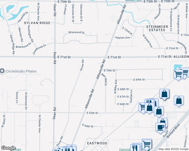 map of restaurants, bars, coffee shops, grocery stores, and more near 6860 Allisonville Road in Indianapolis