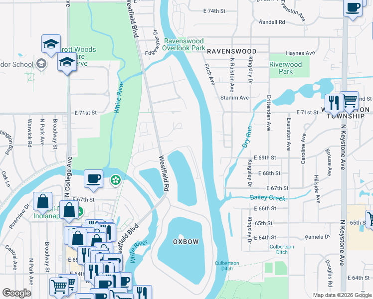 map of restaurants, bars, coffee shops, grocery stores, and more near 6770 Page Boulevard in Indianapolis