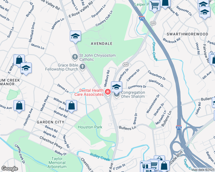 map of restaurants, bars, coffee shops, grocery stores, and more near 8 Medbury Road in Delaware County