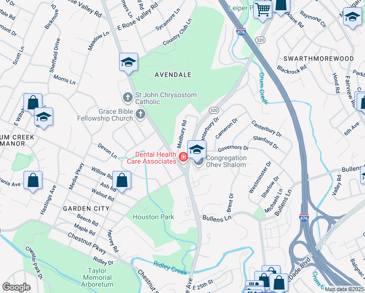 map of restaurants, bars, coffee shops, grocery stores, and more near 8 Medbury Road in Delaware County
