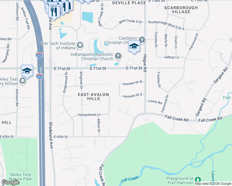 map of restaurants, bars, coffee shops, grocery stores, and more near 6904 Honnen Drive West in Indianapolis
