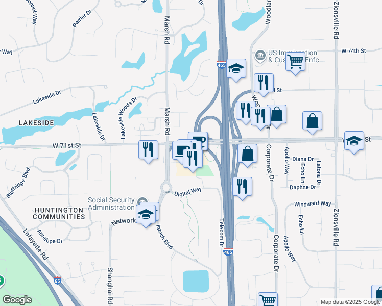 map of restaurants, bars, coffee shops, grocery stores, and more near 6320 Intech Commons Drive in Indianapolis