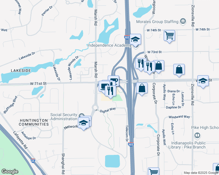 map of restaurants, bars, coffee shops, grocery stores, and more near 6320 Intech Commons Drive in Indianapolis
