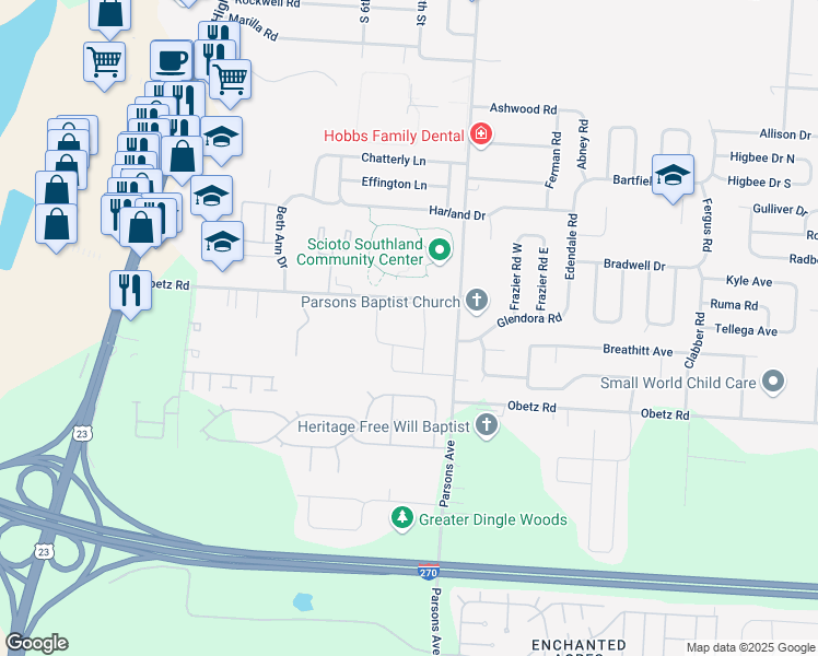 map of restaurants, bars, coffee shops, grocery stores, and more near 433 Obetz Road in Columbus