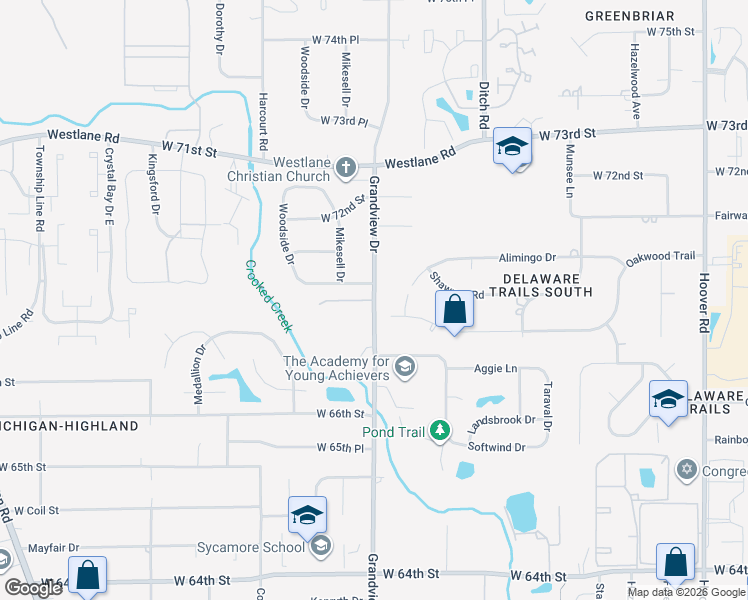 map of restaurants, bars, coffee shops, grocery stores, and more near Grandview Drive in Indianapolis