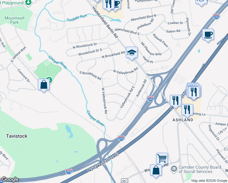 map of restaurants, bars, coffee shops, grocery stores, and more near 131 Oakdale Road in Cherry Hill