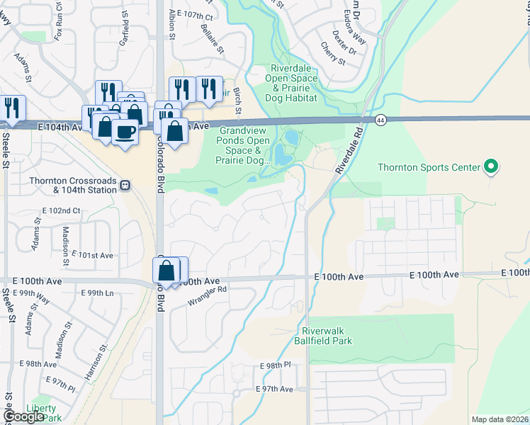 map of restaurants, bars, coffee shops, grocery stores, and more near 167 Ranch Road in Thornton