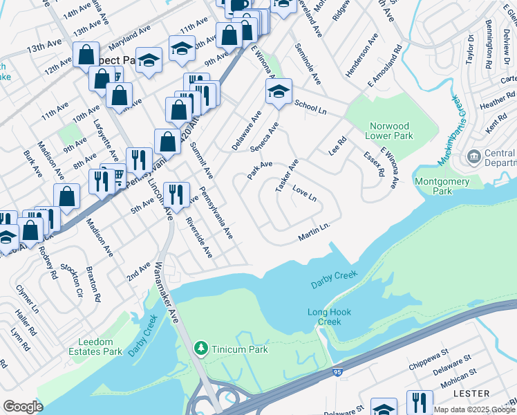 map of restaurants, bars, coffee shops, grocery stores, and more near 219 Love Lane in Norwood