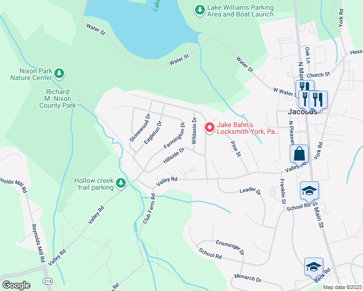 map of restaurants, bars, coffee shops, grocery stores, and more near 13 Hillside Drive in Jacobus