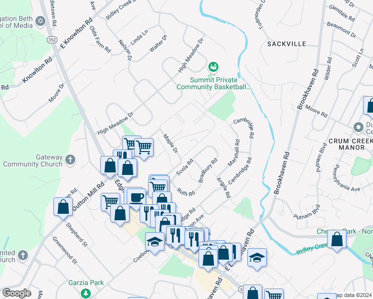 map of restaurants, bars, coffee shops, grocery stores, and more near 5200 Hilltop Drive in Brookhaven