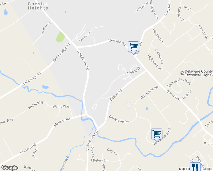 map of restaurants, bars, coffee shops, grocery stores, and more near 133 Bishop Drive in Aston