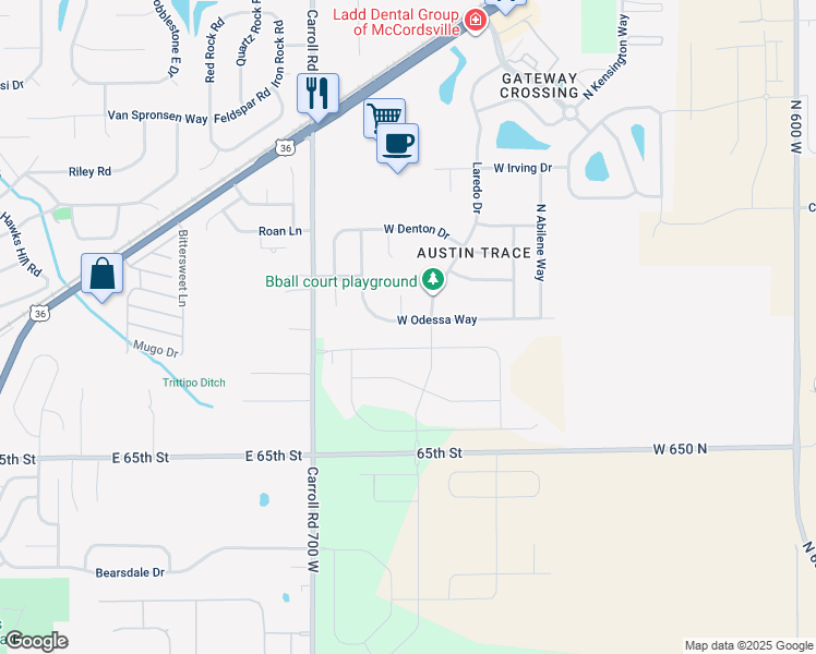 map of restaurants, bars, coffee shops, grocery stores, and more near 6805 West Odessa Way in McCordsville