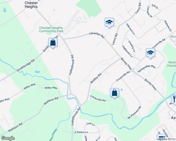 map of restaurants, bars, coffee shops, grocery stores, and more near 133 Bishop Drive in Aston
