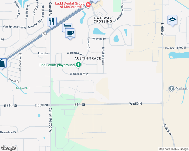 map of restaurants, bars, coffee shops, grocery stores, and more near 6635 West Odessa Way in McCordsville