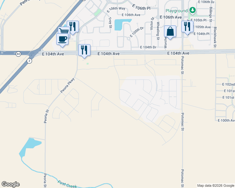 map of restaurants, bars, coffee shops, grocery stores, and more near East 104th Avenue in Commerce City