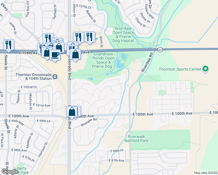 map of restaurants, bars, coffee shops, grocery stores, and more near 167 Ranch Road in Thornton