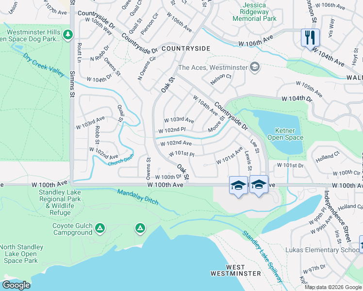 map of restaurants, bars, coffee shops, grocery stores, and more near 10621 West 101st Place in Westminster