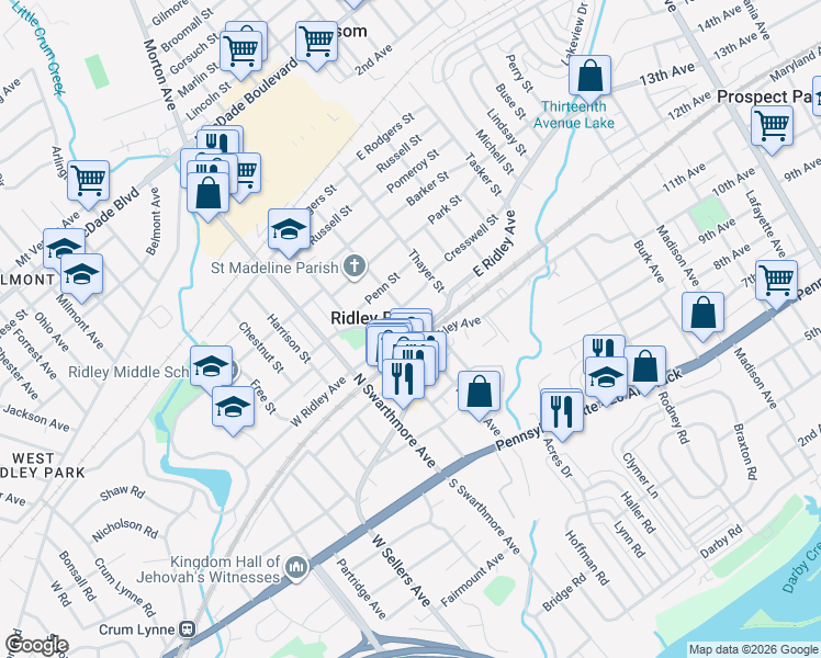map of restaurants, bars, coffee shops, grocery stores, and more near in Ridley Park
