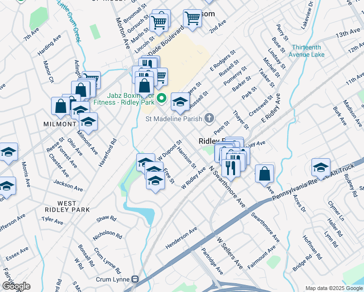 map of restaurants, bars, coffee shops, grocery stores, and more near 407 Harrison Street in Ridley Park