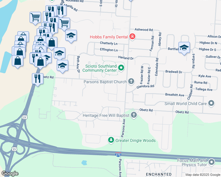 map of restaurants, bars, coffee shops, grocery stores, and more near 433 Obetz Road in Columbus