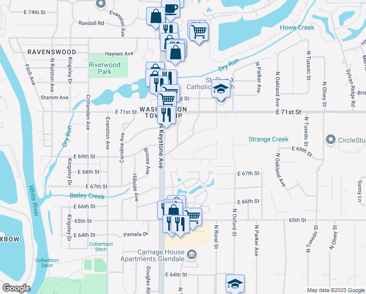 map of restaurants, bars, coffee shops, grocery stores, and more near 2417 Butterfield Drive in Indianapolis