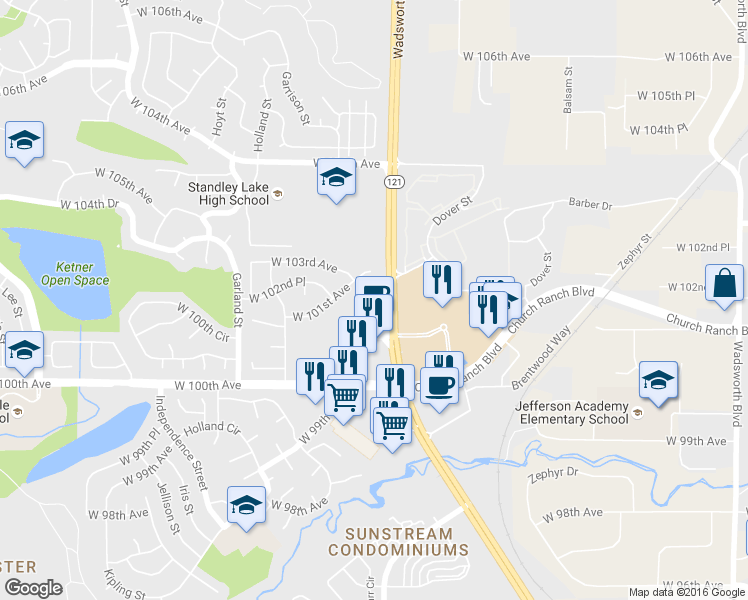 map of restaurants, bars, coffee shops, grocery stores, and more near 10141 Wadsworth Parkway in Westminster