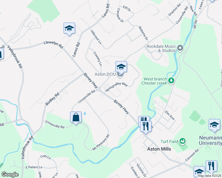 map of restaurants, bars, coffee shops, grocery stores, and more near 29 Steeplechase Circle in Aston