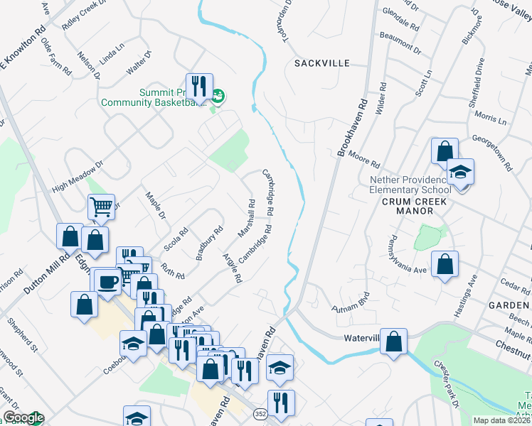 map of restaurants, bars, coffee shops, grocery stores, and more near 627 Cambridge Road in Brookhaven