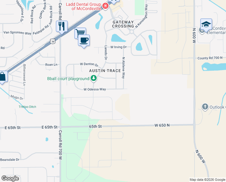 map of restaurants, bars, coffee shops, grocery stores, and more near 6635 West Odessa Way in McCordsville