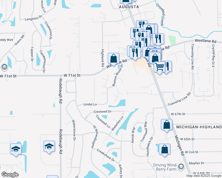 map of restaurants, bars, coffee shops, grocery stores, and more near 6923 Bretton Wood Drive in Indianapolis