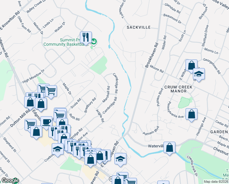 map of restaurants, bars, coffee shops, grocery stores, and more near 627 Cambridge Road in Brookhaven