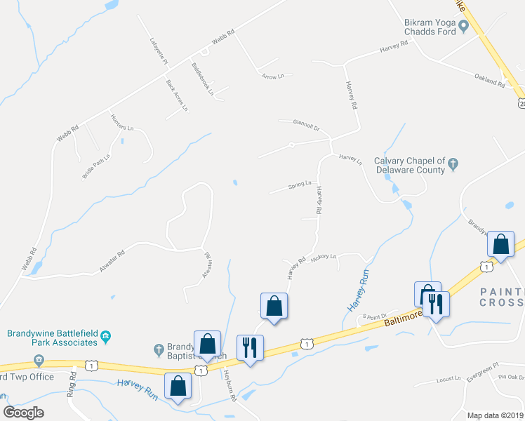 map of restaurants, bars, coffee shops, grocery stores, and more near 8 Spring Lane in Chadds Ford