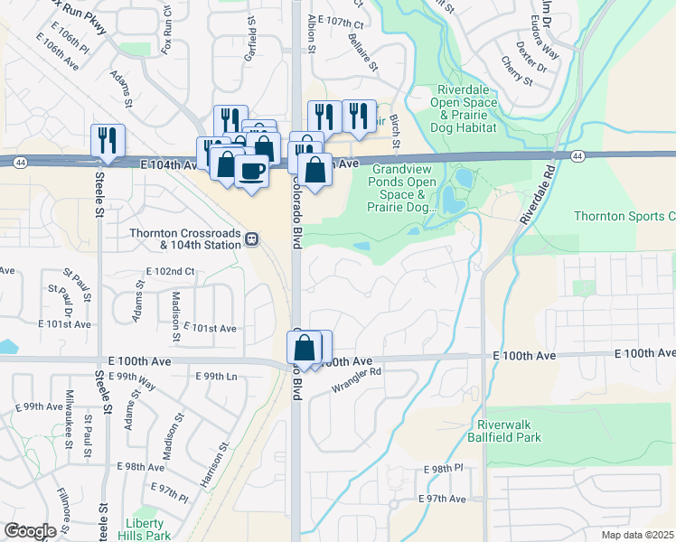 map of restaurants, bars, coffee shops, grocery stores, and more near 54 Rustler Ravine in Thornton