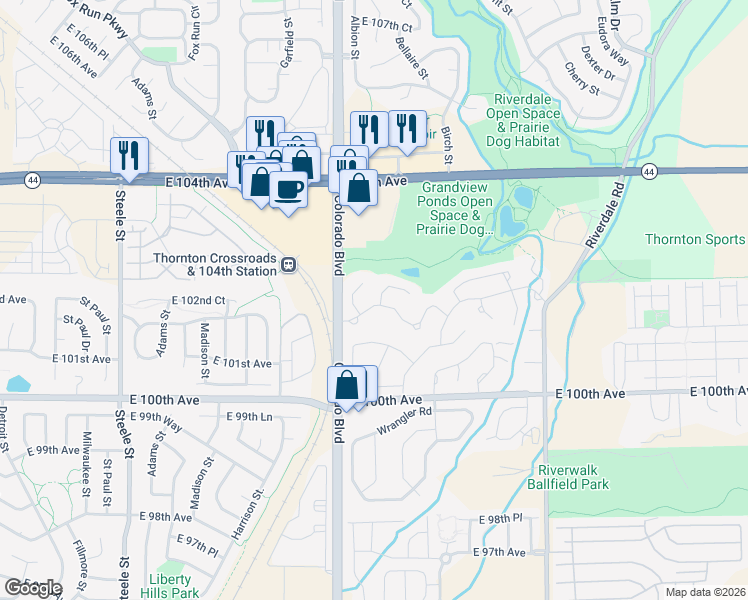 map of restaurants, bars, coffee shops, grocery stores, and more near Arrowhead Pass Rd in Thornton