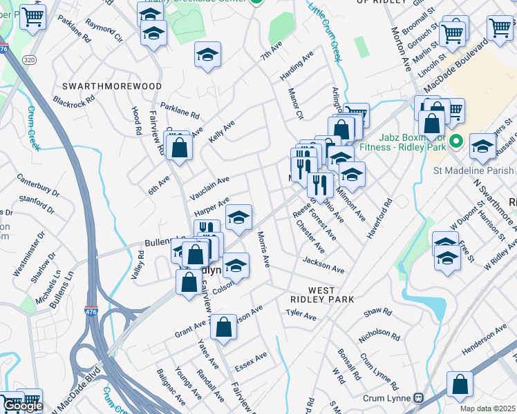 map of restaurants, bars, coffee shops, grocery stores, and more near 326 Morris Avenue in Woodlyn