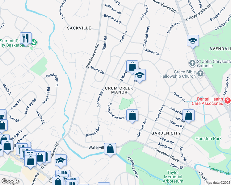 map of restaurants, bars, coffee shops, grocery stores, and more near Pennsylvania Avenue in Nether Providence Township